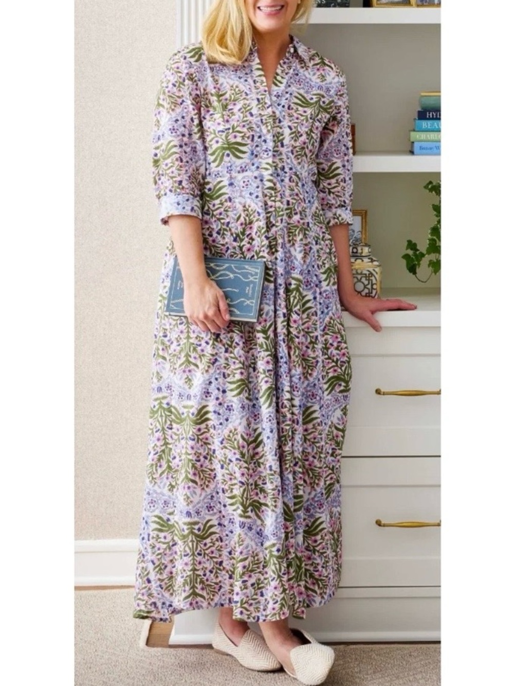 Julia Amory India JA Shirt Dress Maxi Button Mughal Jardin Floral Block Print 1
